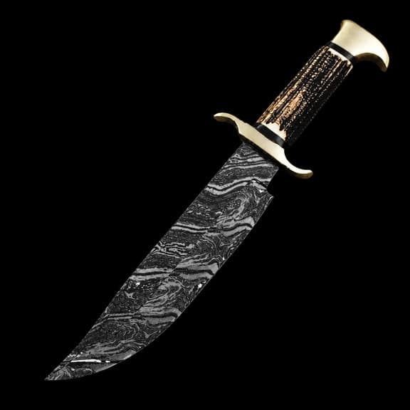 Damascus Bowie Hunting Knife — Deer Horn